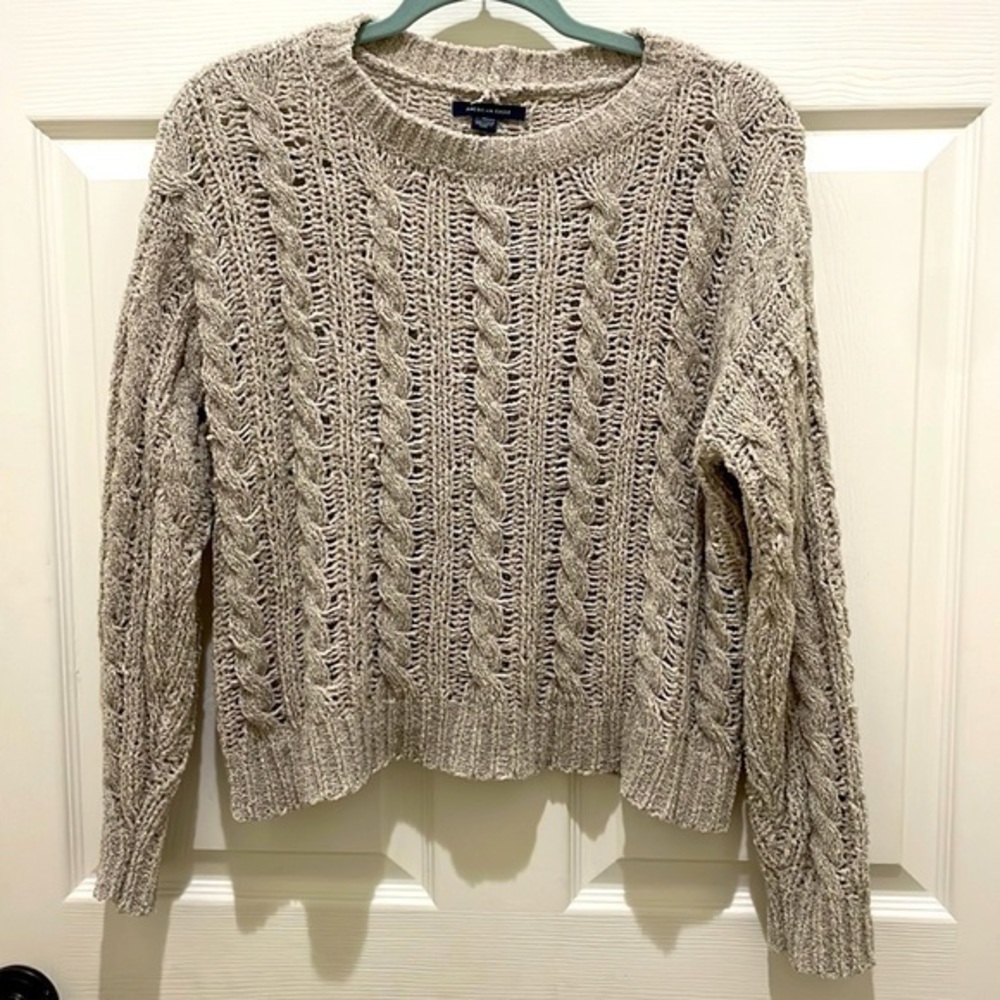 American Eagle Taupe Chenille Cable Knit Sweater